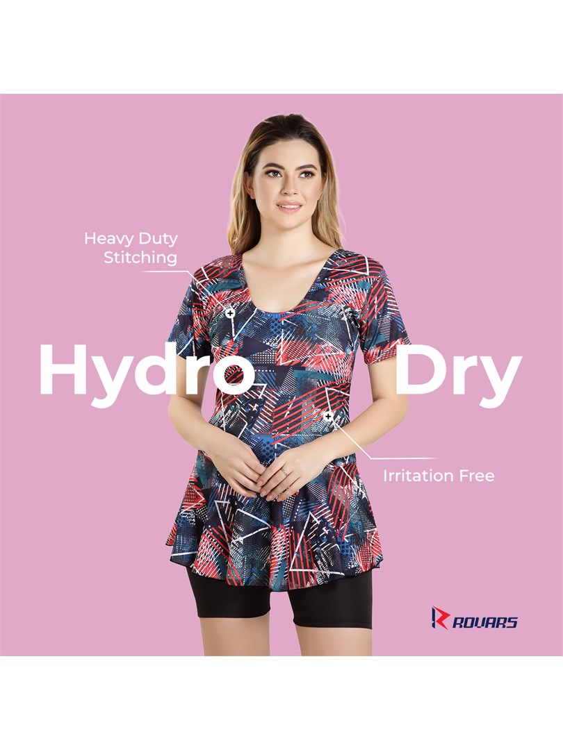 Women Poly Jersy - Red Frock Style Swimming Costume Half Sleeves (Without Pads)