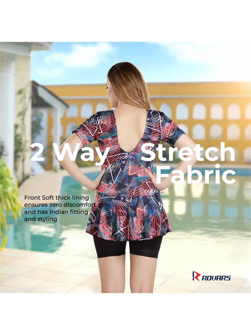 Women Poly Jersy - Red Frock Style Swimming Costume Half Sleeves (Without Pads)