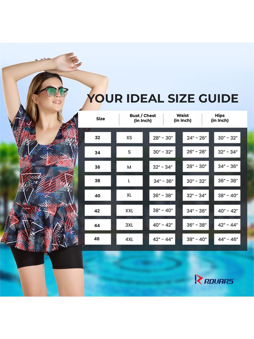 Women Poly Jersy - Red Frock Style Swimming Costume Half Sleeves (Without Pads)
