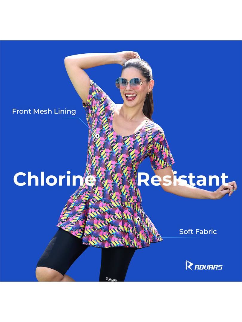 ROVARS Poly Jersy - Printed Swimming Costume for Women Frock Style [Half Sleeves - Without Pads]