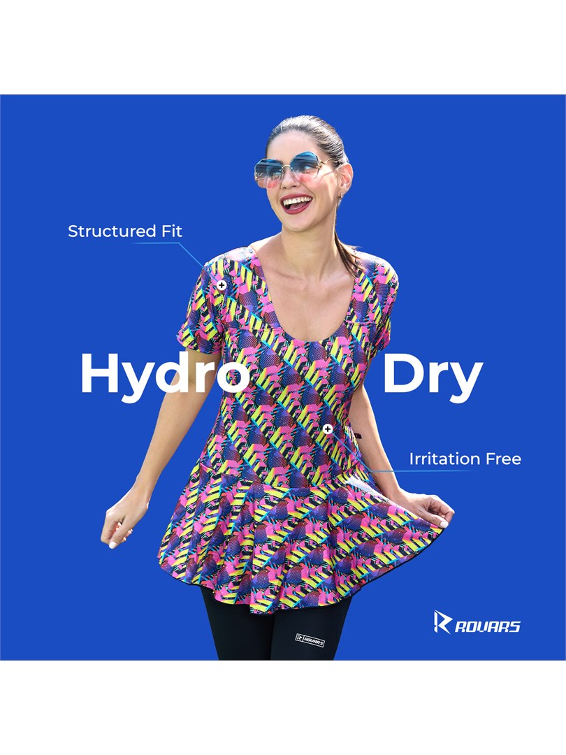 ROVARS Poly Jersy - Printed Swimming Costume for Women Frock Style [Half Sleeves - Without Pads]
