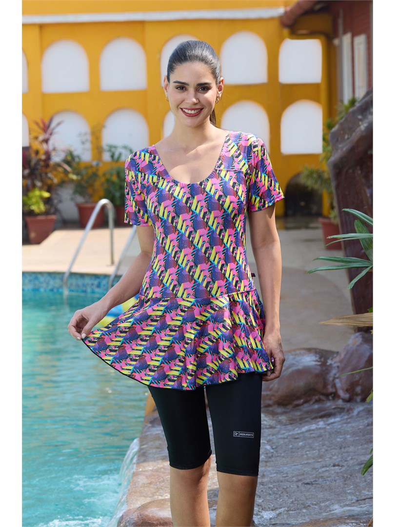 ROVARS Poly Jersy - Printed Swimming Costume for Women Frock Style [Half Sleeves - Without Pads]