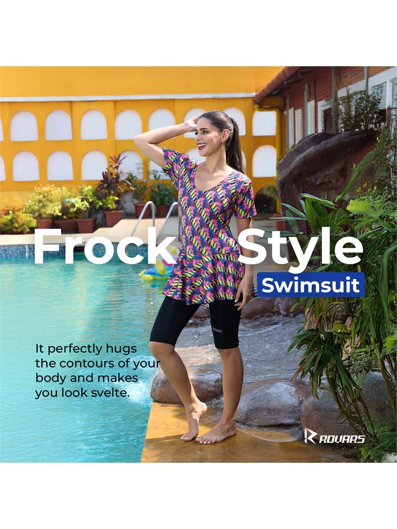 ROVARS Poly Jersy - Printed Swimming Costume for Women Frock Style [Half Sleeves - Without Pads]