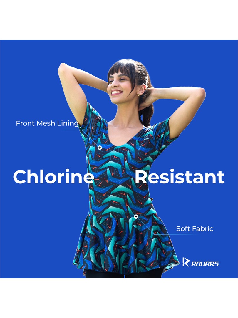 ROVARS Poly Jersy - Printed Swimming Costume for Women Frock Style [Half Sleeves - Without Pads]