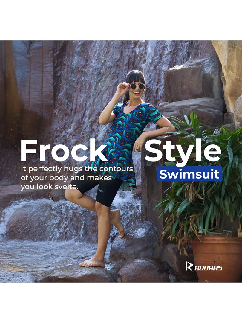 ROVARS Poly Jersy - Printed Swimming Costume for Women Frock Style [Half Sleeves - Without Pads]