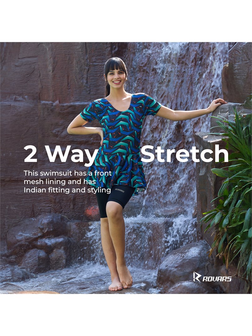 ROVARS Poly Jersy - Printed Swimming Costume for Women Frock Style [Half Sleeves - Without Pads]