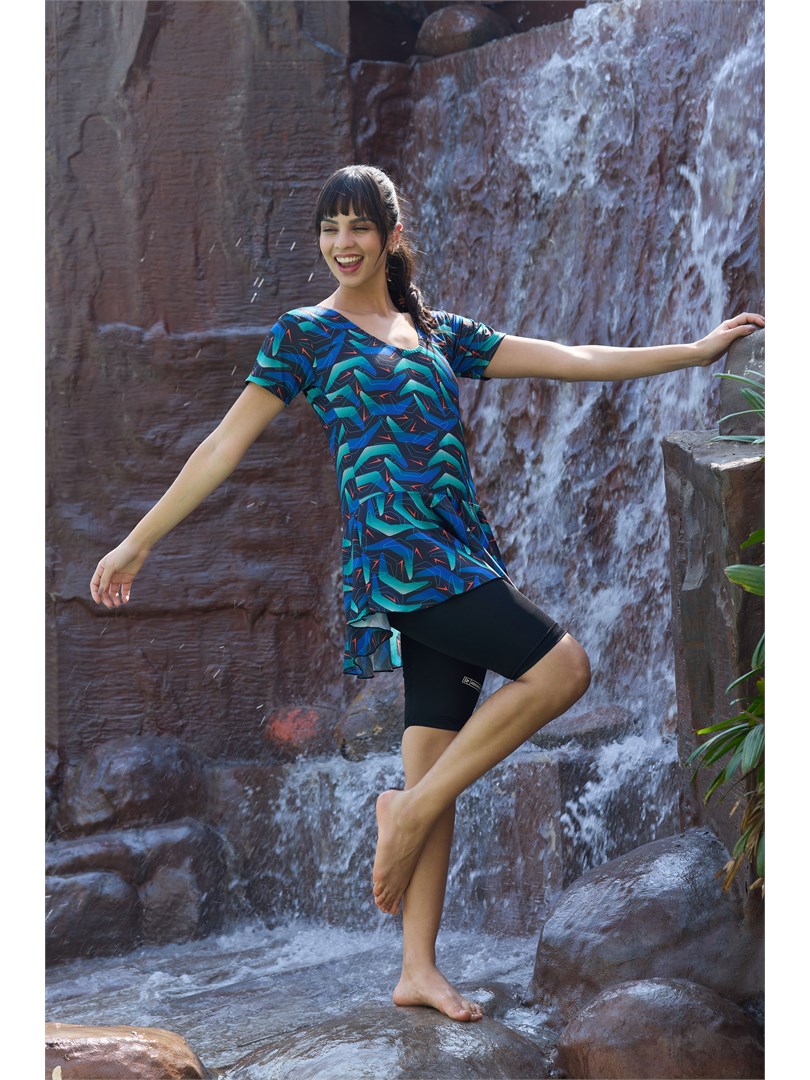 ROVARS Poly Jersy - Printed Swimming Costume for Women Frock Style [Half Sleeves - Without Pads]