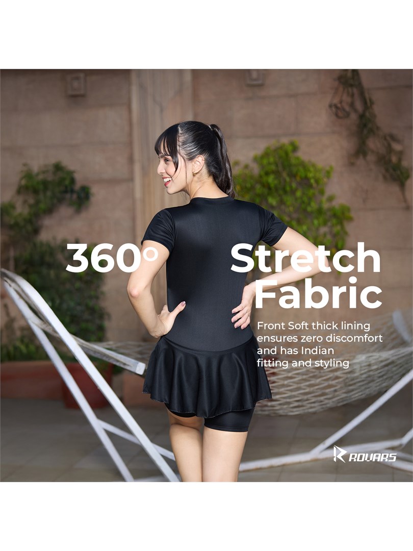 ROVARS Poly Spandex Women’s Frock Style with Front Zipper Swimming Costume