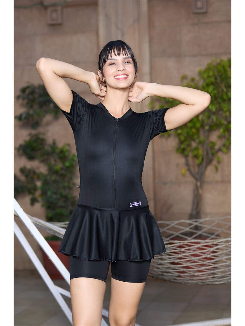ROVARS Poly Spandex Women’s Frock Style with Front Zipper Swimming Costume