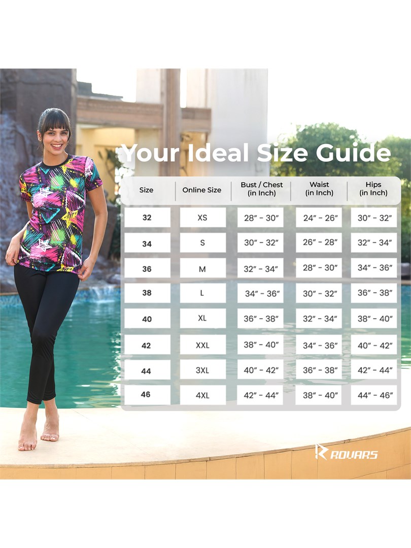 Rovars Poly Jersey Two Piece Women Swimwear Printed Swim Top with Plain Legging