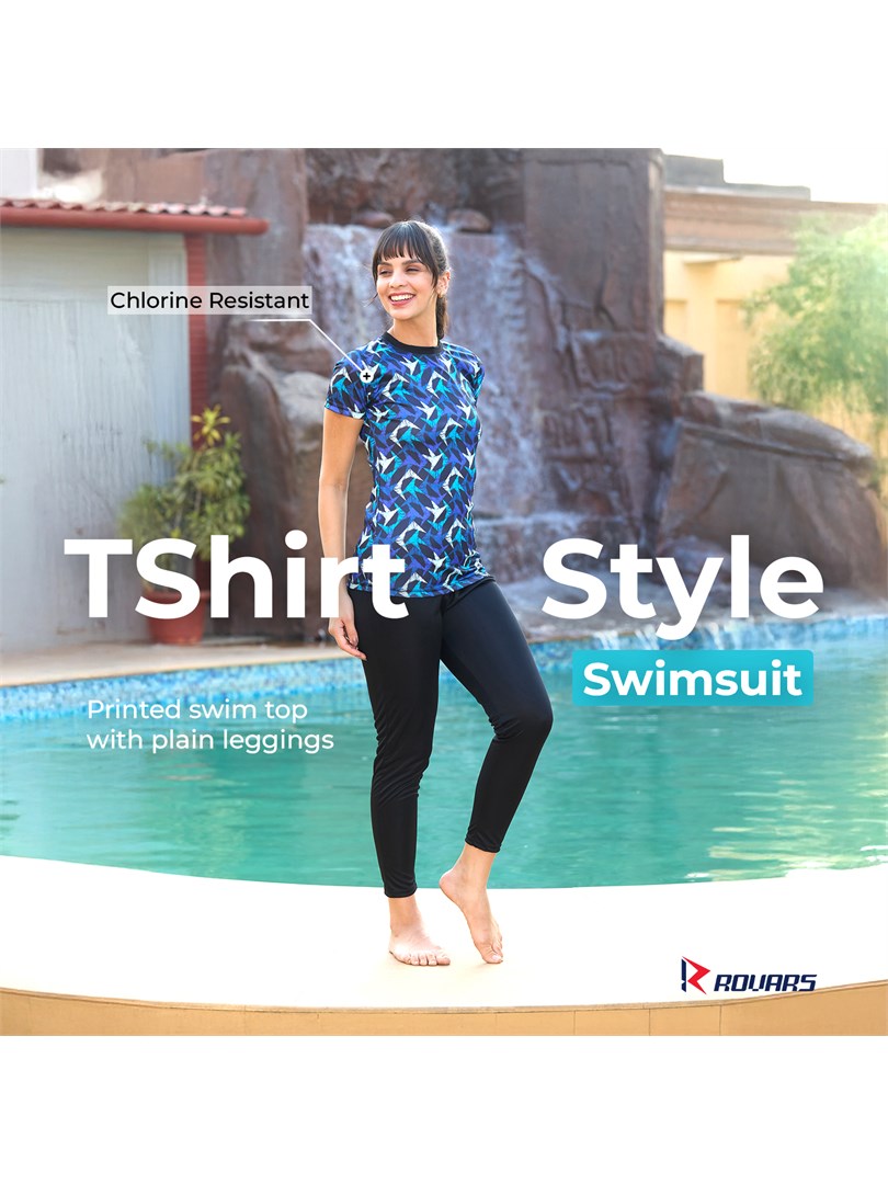 Rovars Poly Jersey Two Piece Women Swimwear Printed Swim Top with Plain Legging