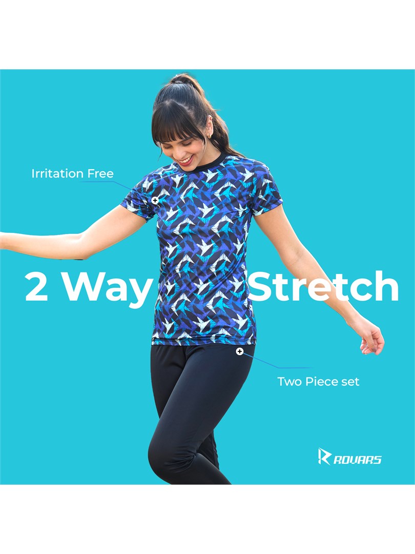 Rovars Poly Jersey Two Piece Women Swimwear Printed Swim Top with Plain Legging