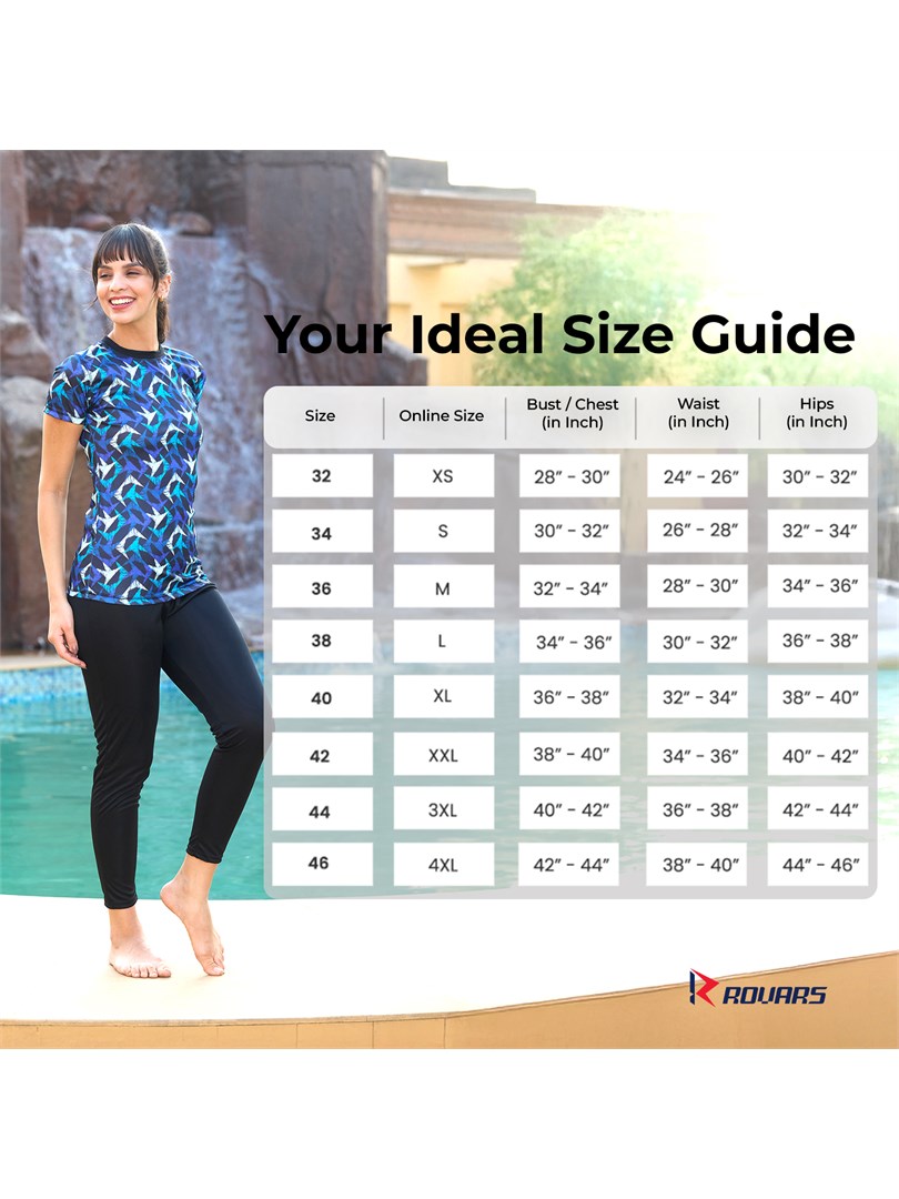 Rovars Poly Jersey Two Piece Women Swimwear Printed Swim Top with Plain Legging