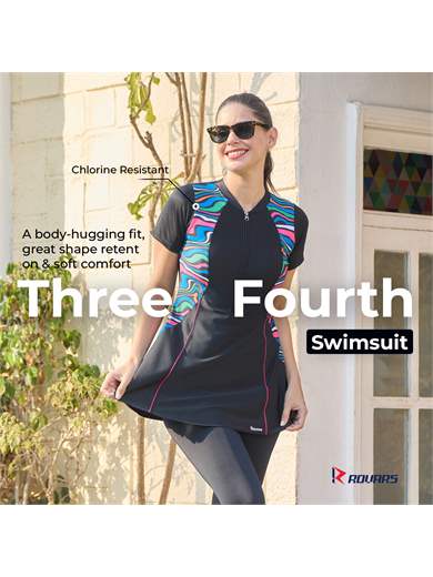 Poly Spandex One Piece Three Fourth Swimming Costume for Women with Front Zipper