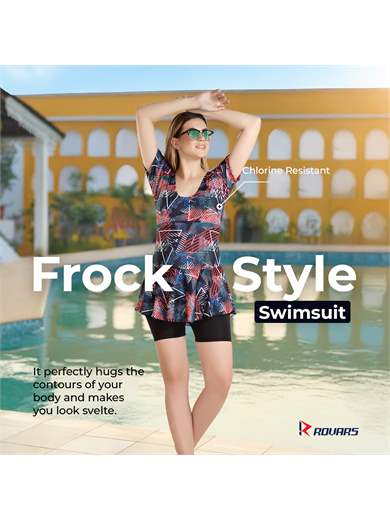 Women Poly Jersy - Red Frock Style Swimming Costume Half Sleeves (Without Pads)