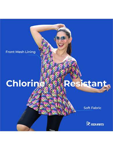 ROVARS Poly Jersy - Printed Swimming Costume for Women Frock Style [Half Sleeves - Without Pads]