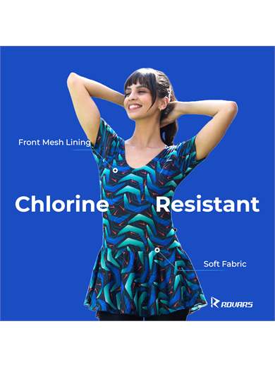 ROVARS Poly Jersy - Printed Swimming Costume for Women Frock Style [Half Sleeves - Without Pads]