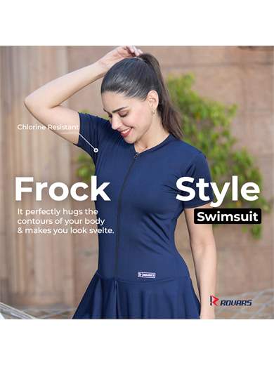 ROVARS Poly Spandex Women’s Frock Style with Front Zipper Swimming Costume