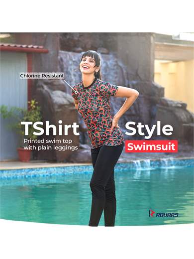 Rovars Poly Jersey Two Piece Women Swimwear Printed Swim Top with Plain Legging