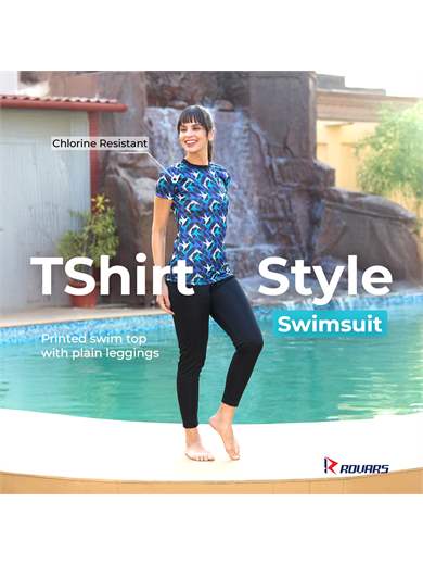 Rovars Poly Jersey Two Piece Women Swimwear Printed Swim Top with Plain Legging